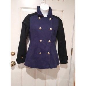 Banana Republic M Blue Black Colorblock Coat Gold Buttons cotton  jacket pleats